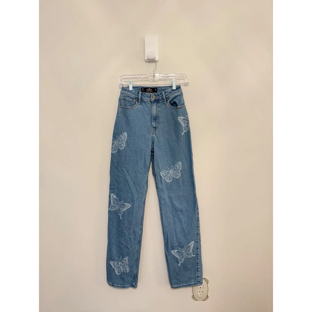 Hollister Ultra High-Rise Dad Jeans Light Wash Butterfly Print 0R Y2K - Picture 5 of 9